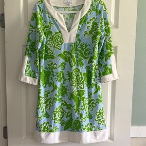 Jude Connally Kerry Light Blue and Lime Green Floral Shift Dress with White Trim